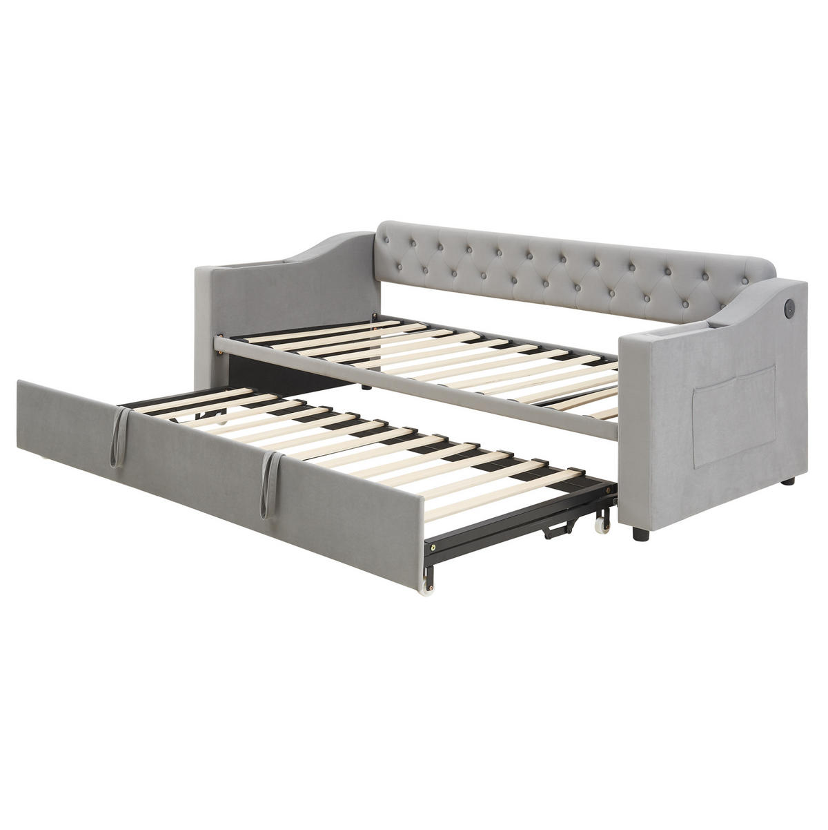 POLSTERBETT Schlafsofa 90/180 cm grau mit integrierten Stauraum und Ladeanschlüssen - Grau, Textil (90/180cm) - OKWISH