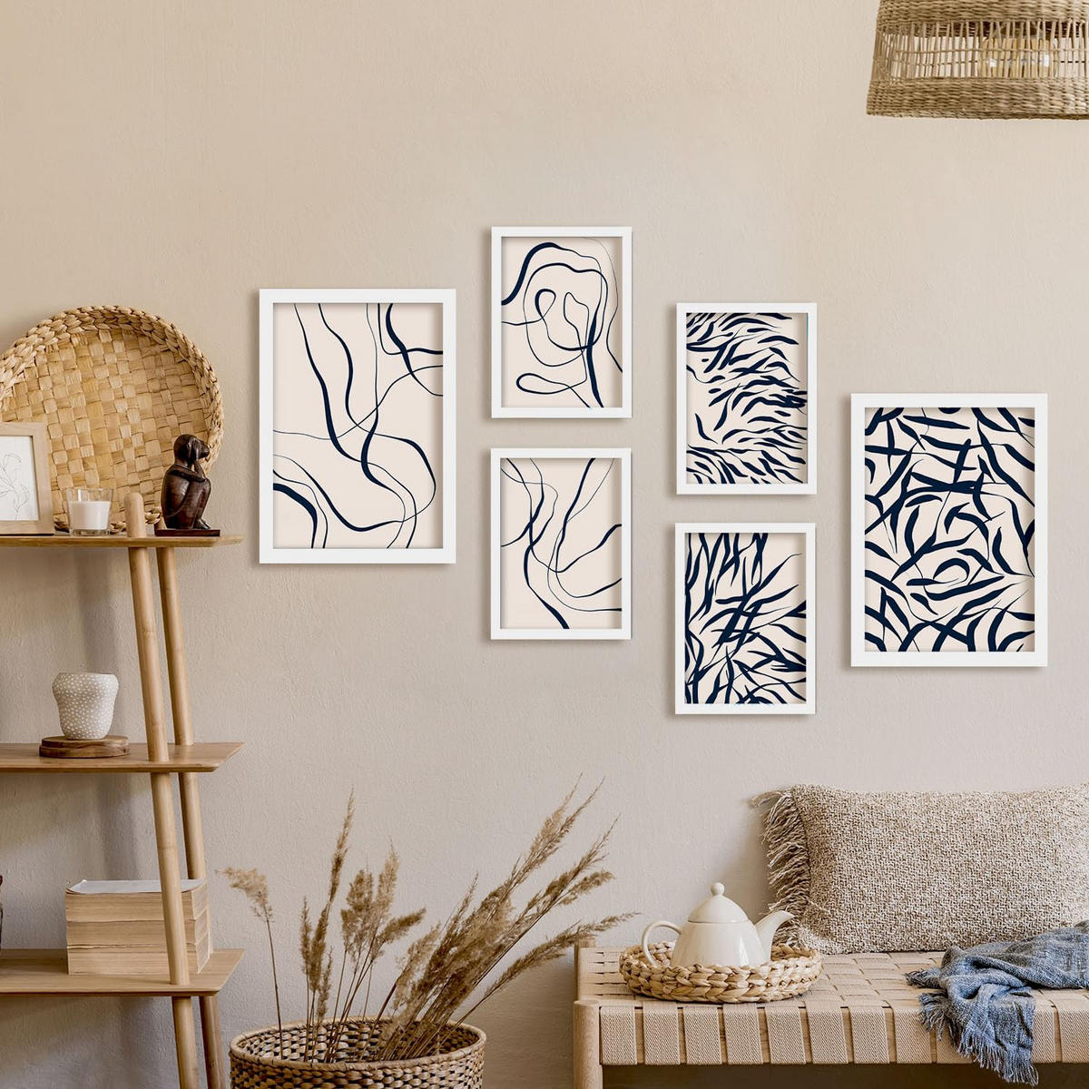 POSTER Set Mit 6 Formabstrakte Ästhetische Dekobilder Für Ihr Wohnzimmer, Schlafzimmer Oder Zuhause A3 & A4 Weißer Rahmen - Weiß, Papier (29/3cm) - Nacnic