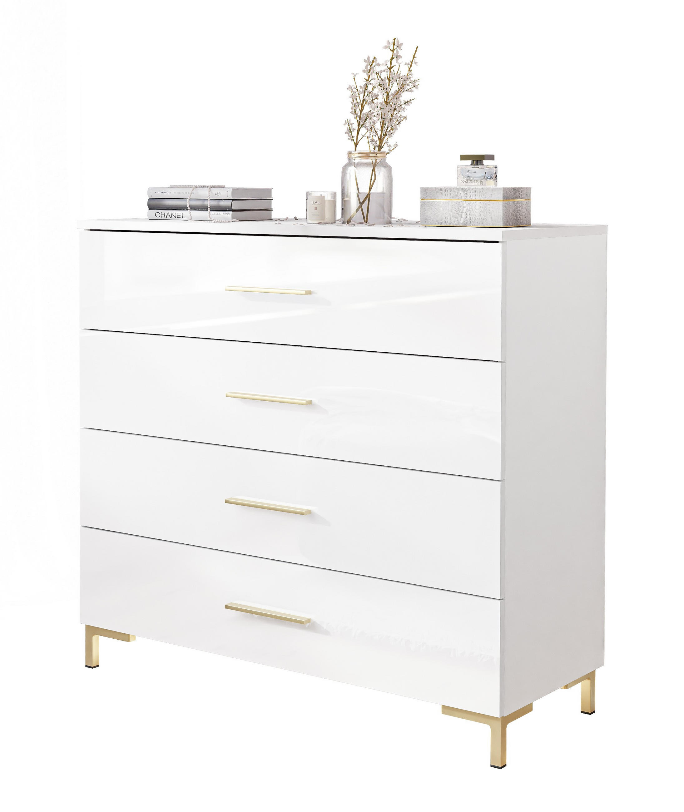 KOMMODE LINA GOLD mit goldenen Griffen und Beinen LED - Weiß, Holzwerkstoff (95/86/40cm) - Lookway