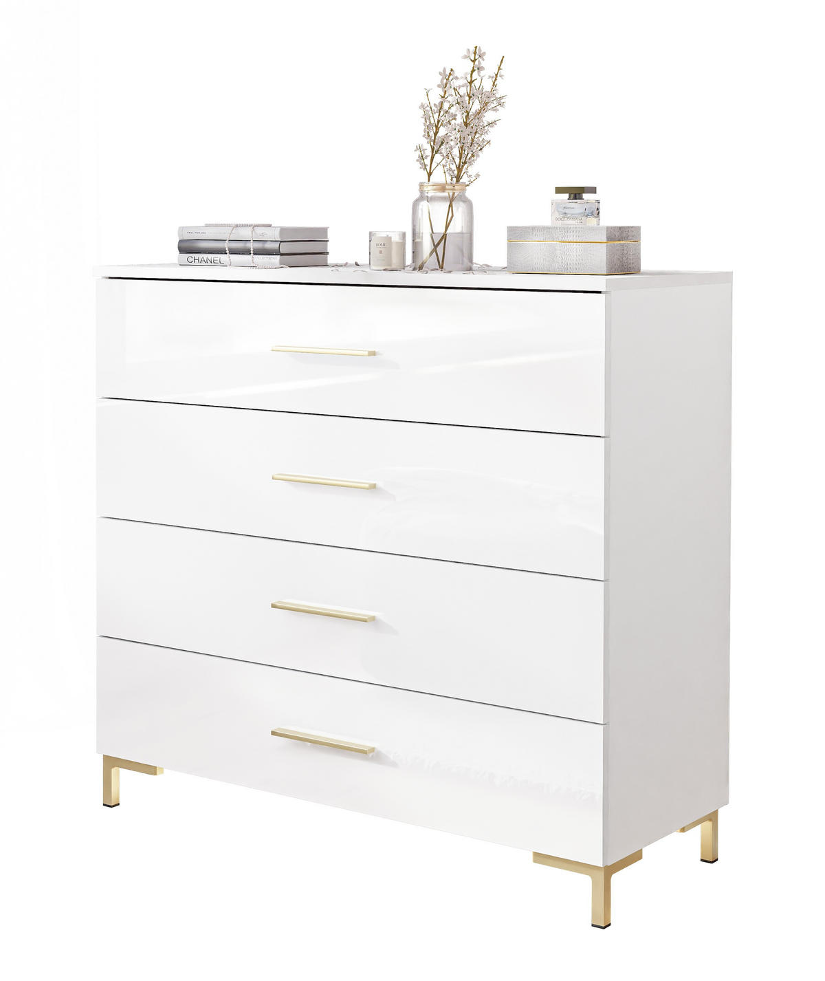 KOMMODE LINA GOLD mit goldenen Griffen und Beinen LED - Weiß, Holzwerkstoff (95/86/40cm) - Lookway