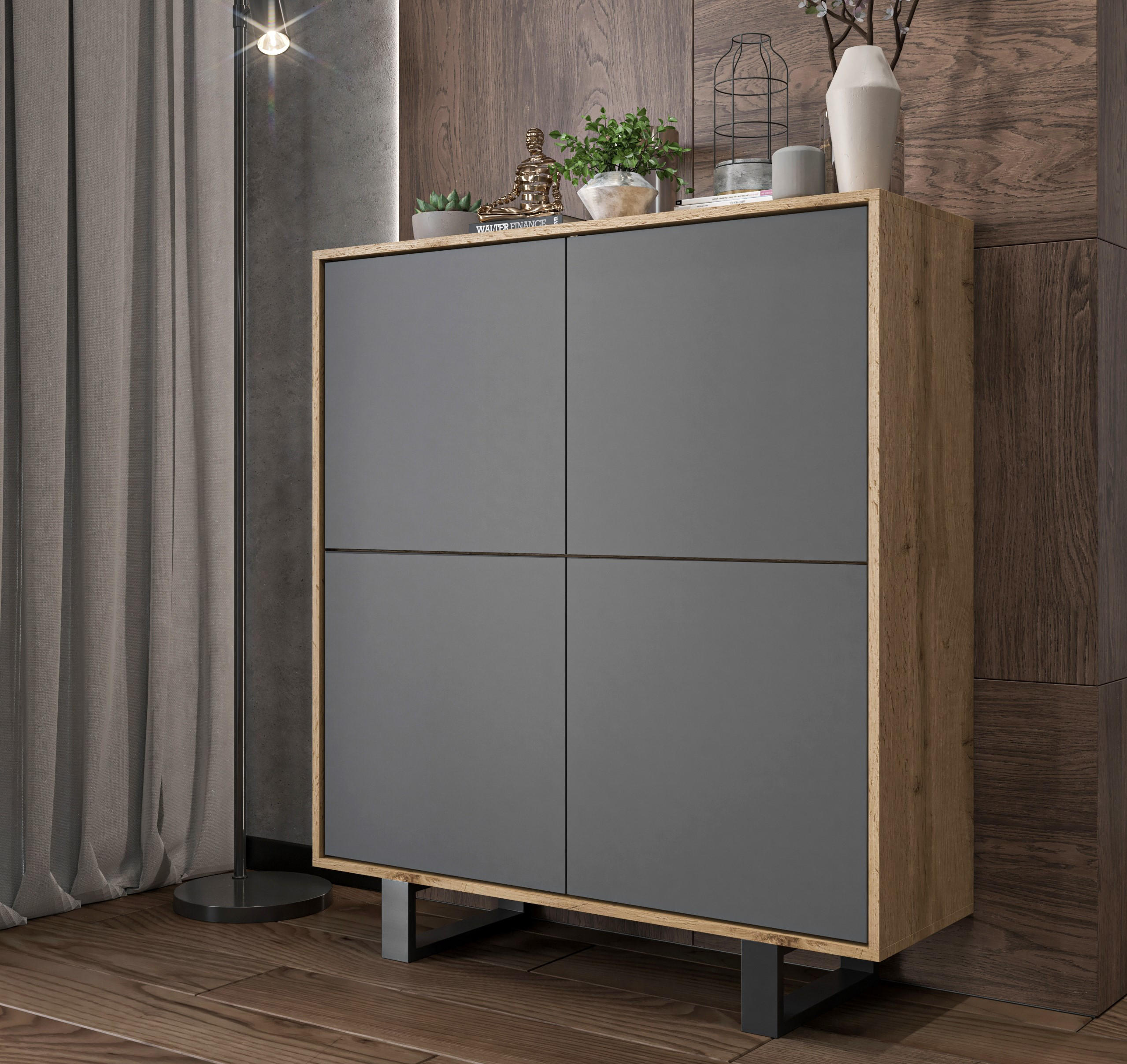 KOMMODE Apollo 4D Eiche wotan Graphit Matt 113/127/35 cm - Graphitfarben/Schwarz, Holzwerkstoff/Metall (113/127/35cm) - Meble Lindner