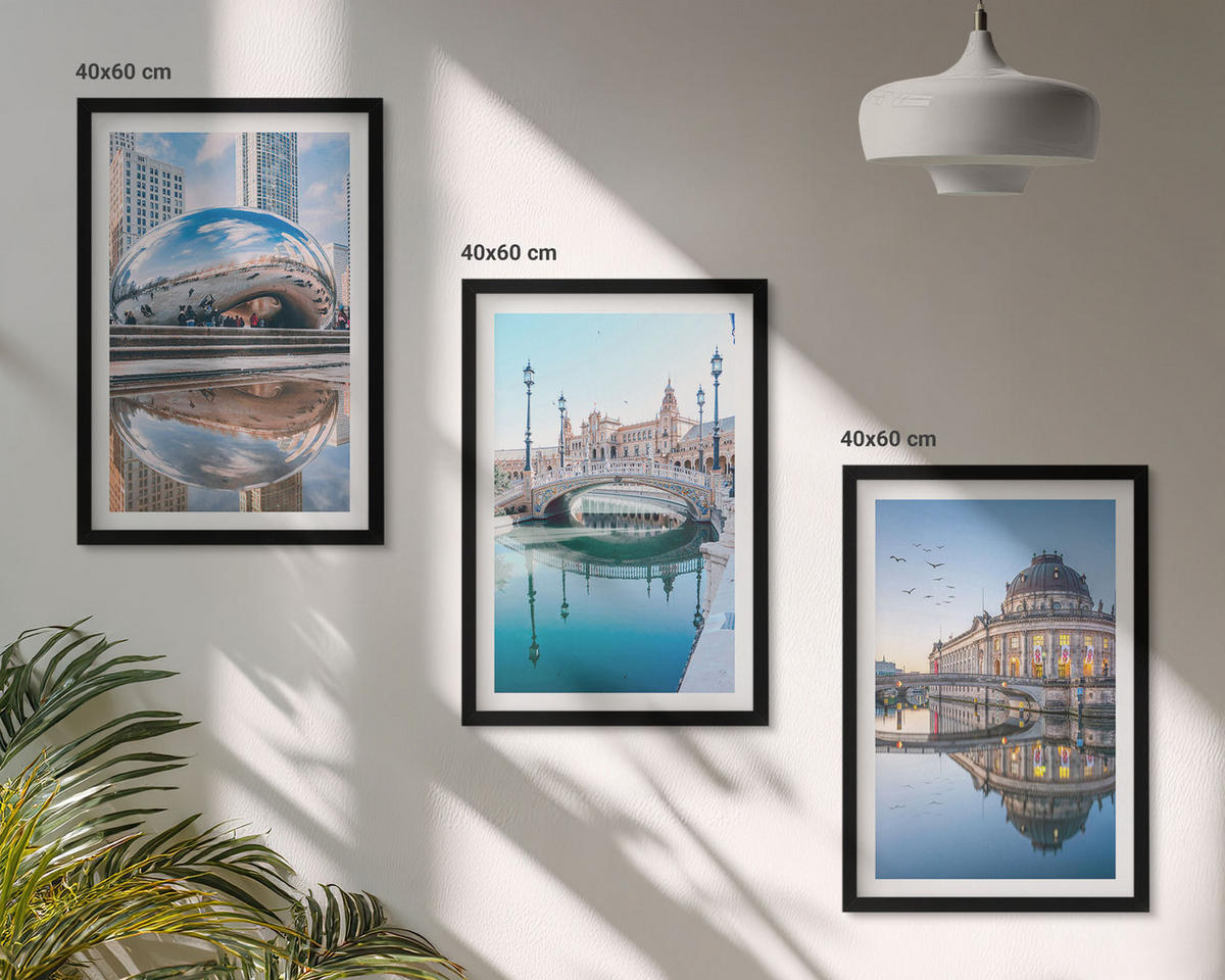 BILDER SET 3er Set - 40x60 cm Schwarzer Rahmen - Architektur von Städten am Wasser - Schwarz, Kunststoff (40/60cm) - TULUP