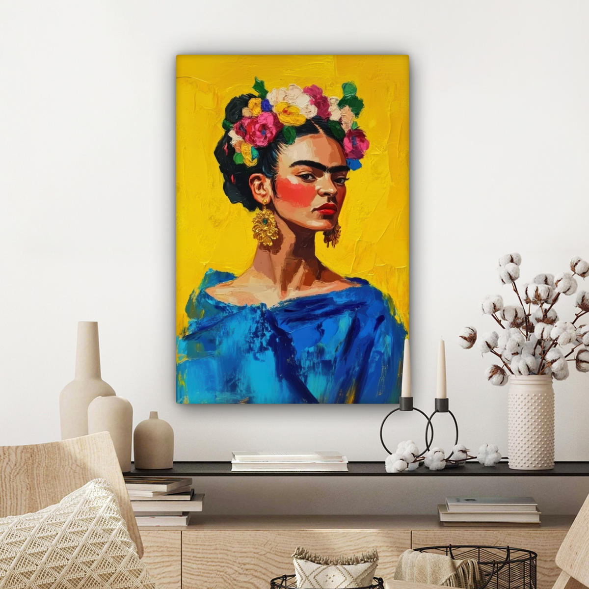 LEINWANDBILD Frida Kahlo - Frau - Gelb - Blau - Blumen 60x90 cm - Gelb, Textil (60/90cm) - MuchoWow