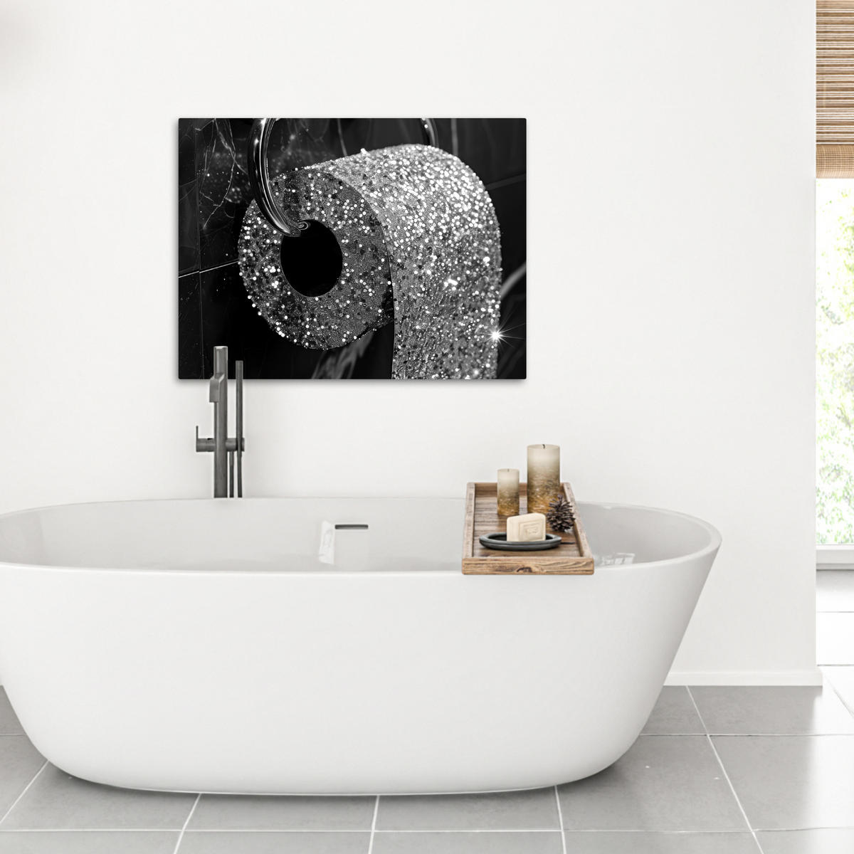 LEINWANDBILD WC - Toilettenpapier - Schwarz und weiß - Glitter Wandbilder 80x60 cm - Silberfarben, Textil (80/60cm) - MuchoWow