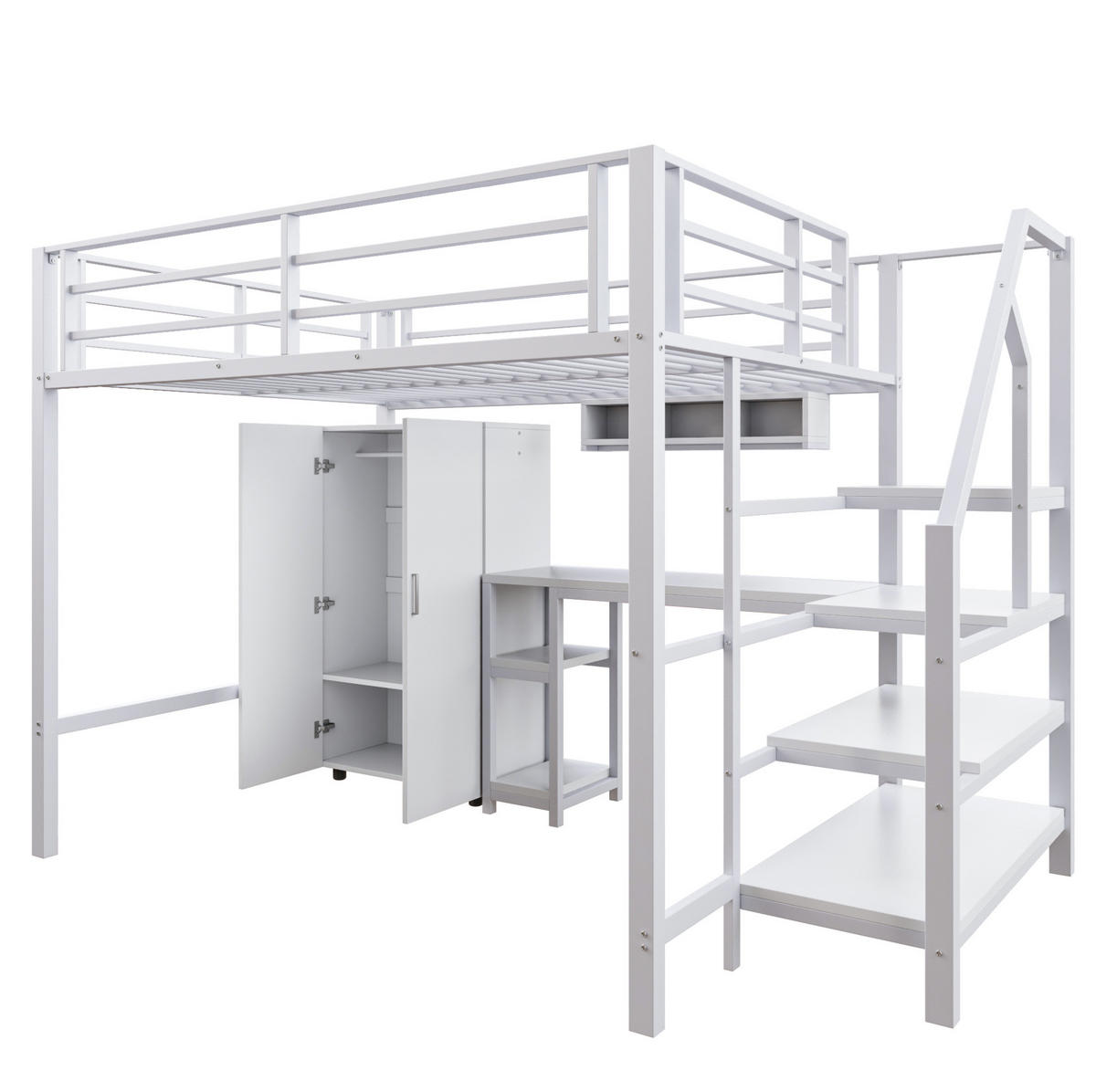 HOCHBETT 140/200 cm aus Metall/MDF mit Schreibtisch, Kleiderschrank und Regalen Weiß - Weiß, Metall (140/200cm) - Modenvie
