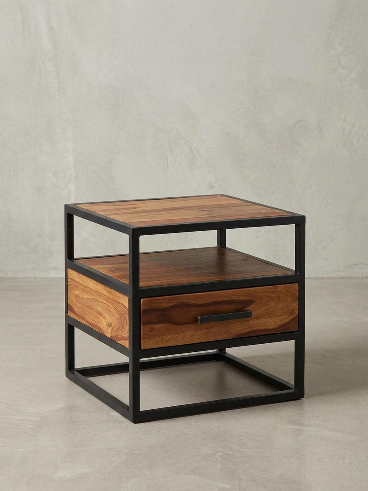 NACHTTISCH – Massivholz/Stahl, mit Stauraum, Industrial-Stil - Schwarz/Braun, Holz/Metall (50/45/45cm) - KADIMA DESIGN