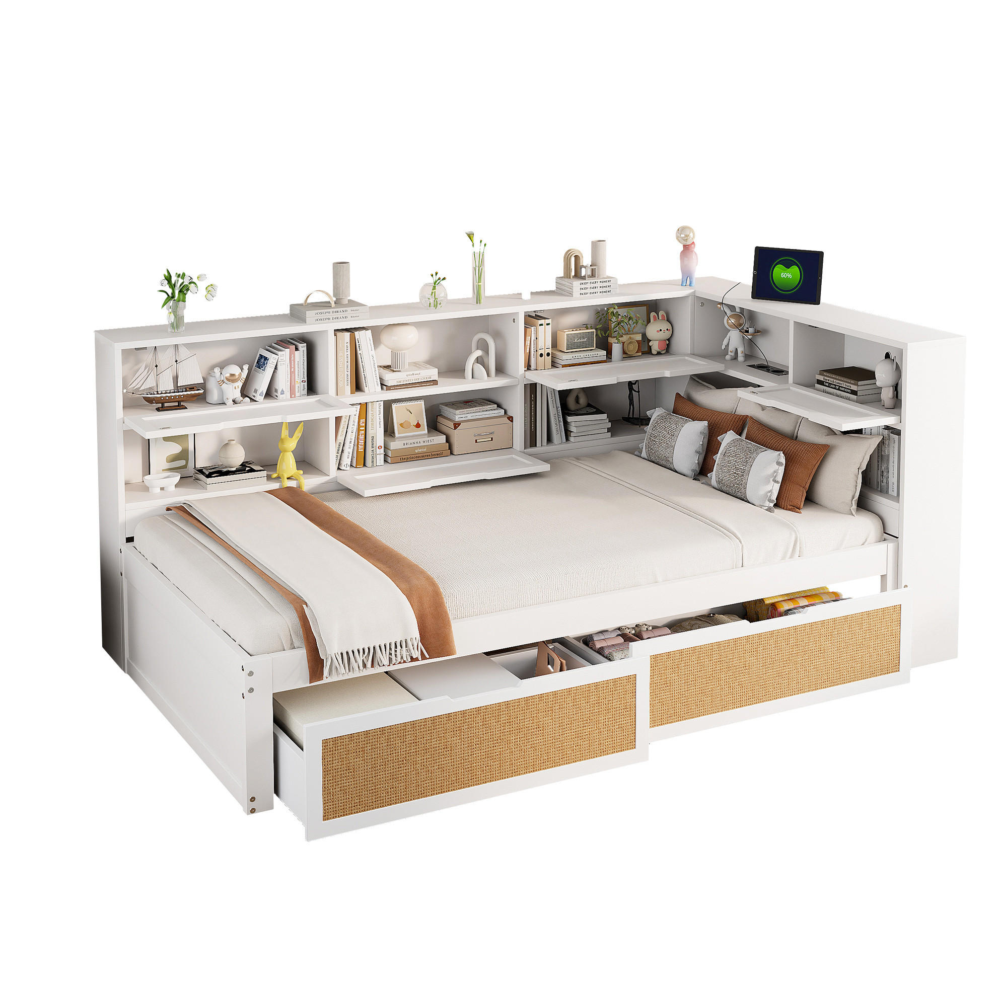 BETT aus Massivholz 90/200 cm mit Schublade und USB-Anschluss Weiß - Weiß, Holz (90/200cm) - OKWISH