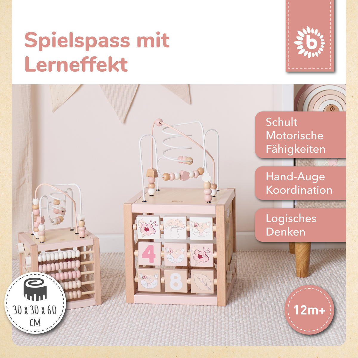 MOTORIKWÜRFEL Reh Ella XXL - Rosa, Holz (30/30cm) - Bieco Spielwaren