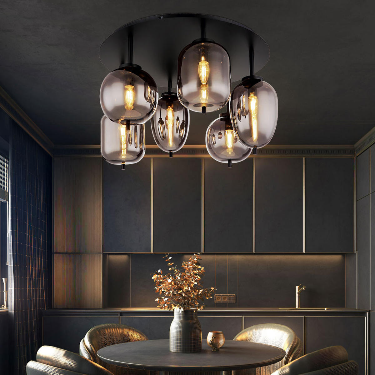 DECKENLEUCHTE Metall Glas Schwarz Messing 6 Flammig - Schwarz, Glas (65/65/38cm) - Globo Lighting