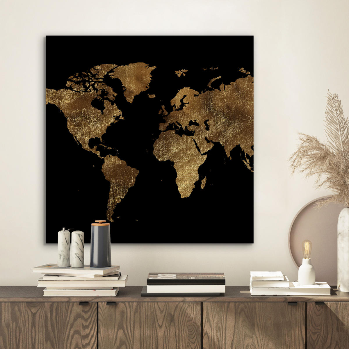 KOVOVÝ OBRAZ Mapa sveta - Zlato - Luxus - Zem - Čierna 50x50 cm - zlatá, kov (50/50cm) - MuchoWow