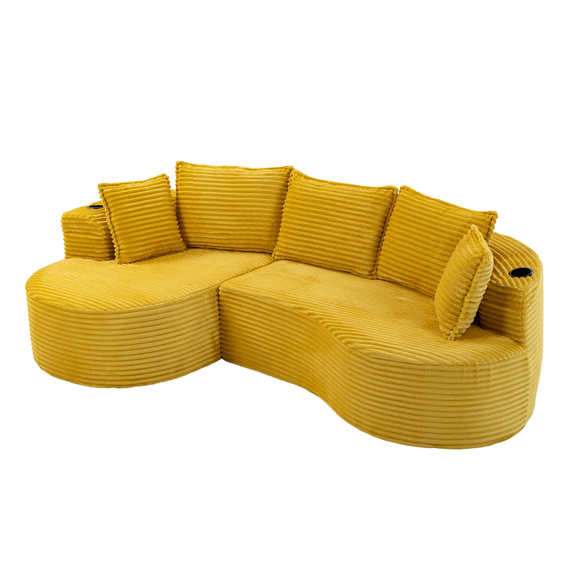 ECKSOFA Cord Senfgelb mit Getränkehaltern, Seitentaschen und Kissen - Gelb, Textil (250/152cm) - WISHDOR