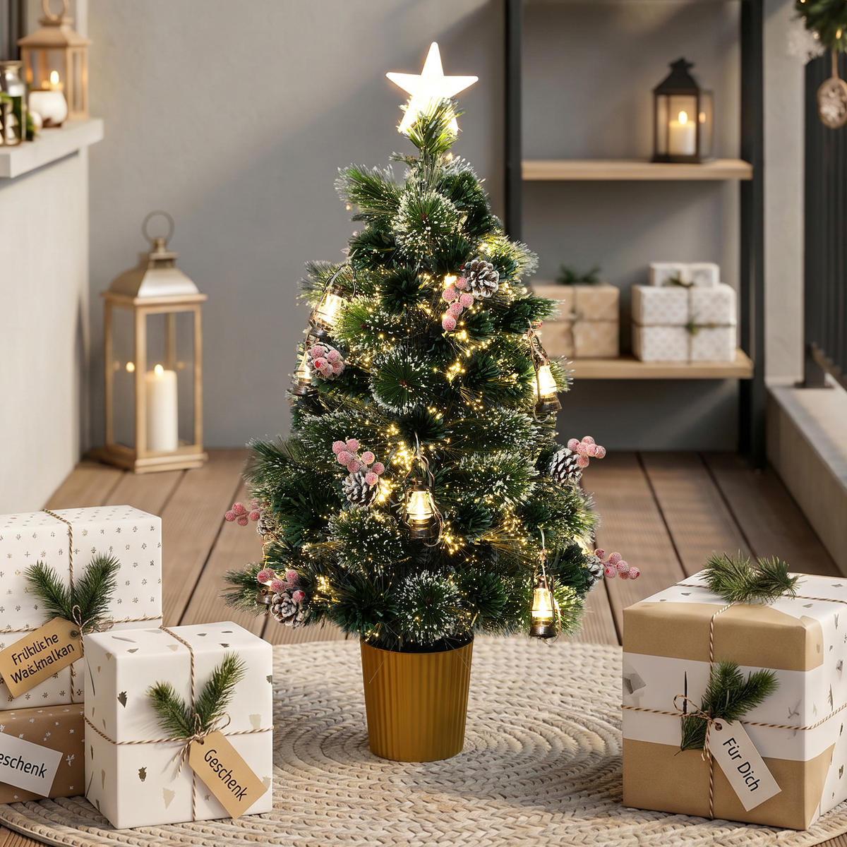 GLASFASER Weihnachtsbaum 95 cm mit LED & Mini-Laternen - Grün, Kunststoff (95cm) - Hometopia