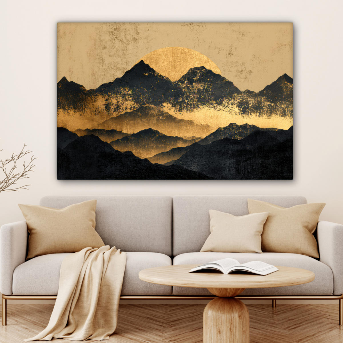 LEINWANDBILD Goldene Berge bei Mondschein Groß 140x90 cm - Goldfarben, Textil (140/90cm) - MuchoWow