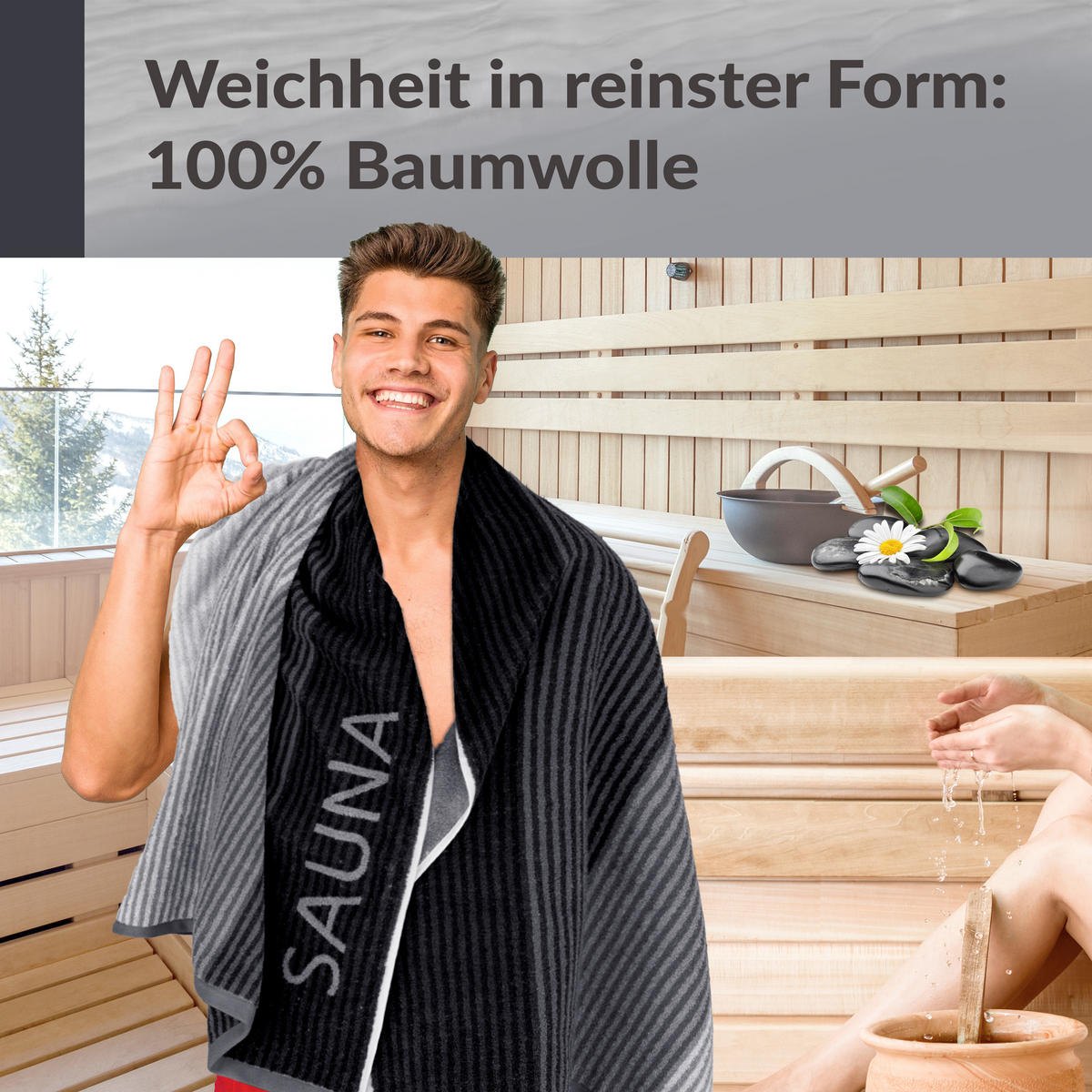 SAUNAHANDTUCH Helsinki Grau – Schwarz 85x200 cm - Schwarz/Grau, Naturmaterialien (85/200cm) - Lashuma