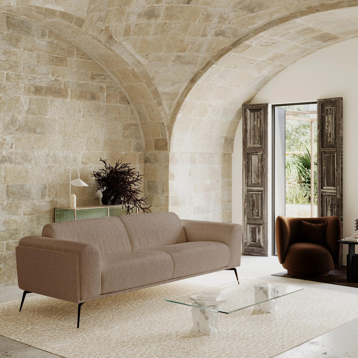 SOFA 3-SITZER Bouclé-Stoff Taupe 220cm - Taupe, Textil (220/74/90cm) - Sia Home
