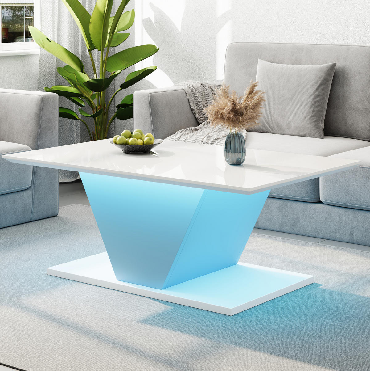 COUCHTISCH, V‑Form, weiß mit Hochglanz-Tischplatte und steuerbarer LED-Beleuchtung, 100/50/46 cm,weiß - Weiß, Holzwerkstoff (100/50/46cm) - Redom