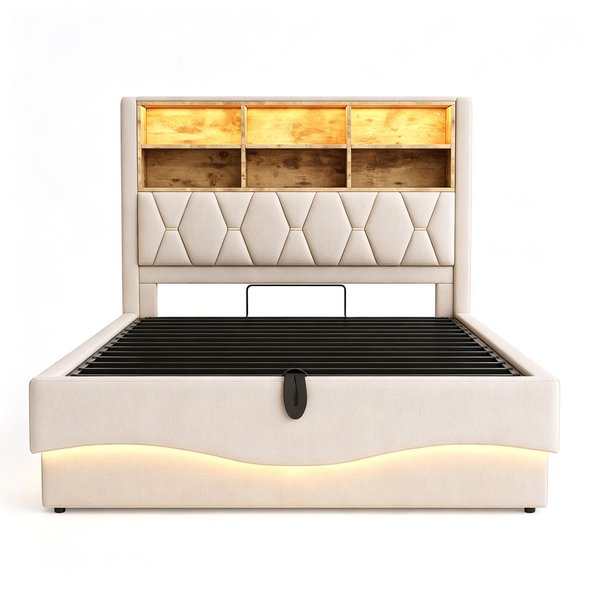 STAURAUMBETT 140/200 cm mit APP-LED, USB und Hydraulik, DE-02053, in Beige - Beige, Metall (140/200cm) - ComfortXL