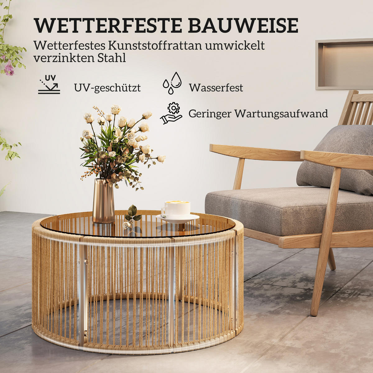 BEISTELLTISCH aus PE-Rattan 70/70/33 cm Braun - Braun, Kunststoff/Metall (70/70/33cm) - Outsunny