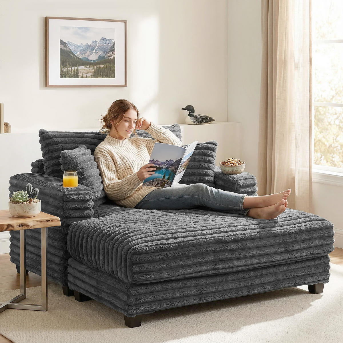 CHAISELONGUE 2 SITZER DE-06570 Großes Schlafsofa mit Becherhalter Grau - Grau, Holz/Textil (134/89/151cm) - ComfortXL