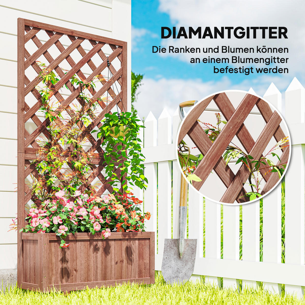 HOCHBEET Pflanzkasten mit Rankgitter, für Kletterpflanzen, Tannenholz, Orange - Fichtefarben, Holz (31.5/149.5/72.5cm) - Outsunny