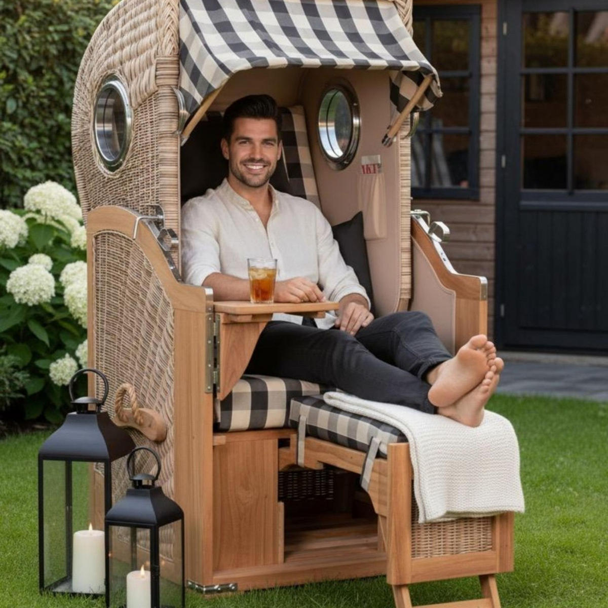 STRANDKORB Düne 1-Sitzer Teak 505 - Anthrazit/Braun, Holz/Textil (98/165/80cm) - Mr. Deko