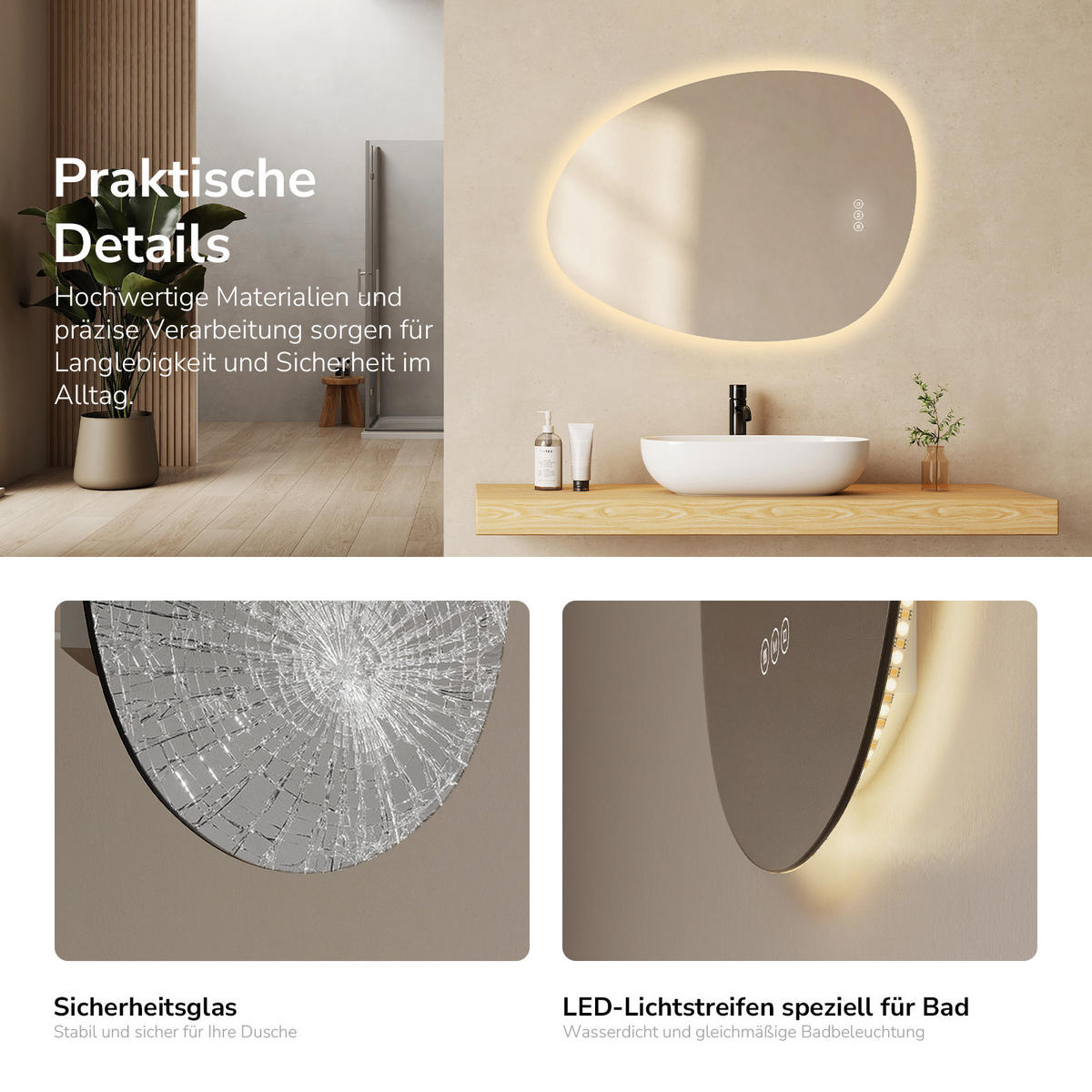 BADSPIEGEL mit Beleuchtung, Anti-Beschlag 75/55/3 cm - Weiß, Glas (55/2.9/75cm) - EMKE