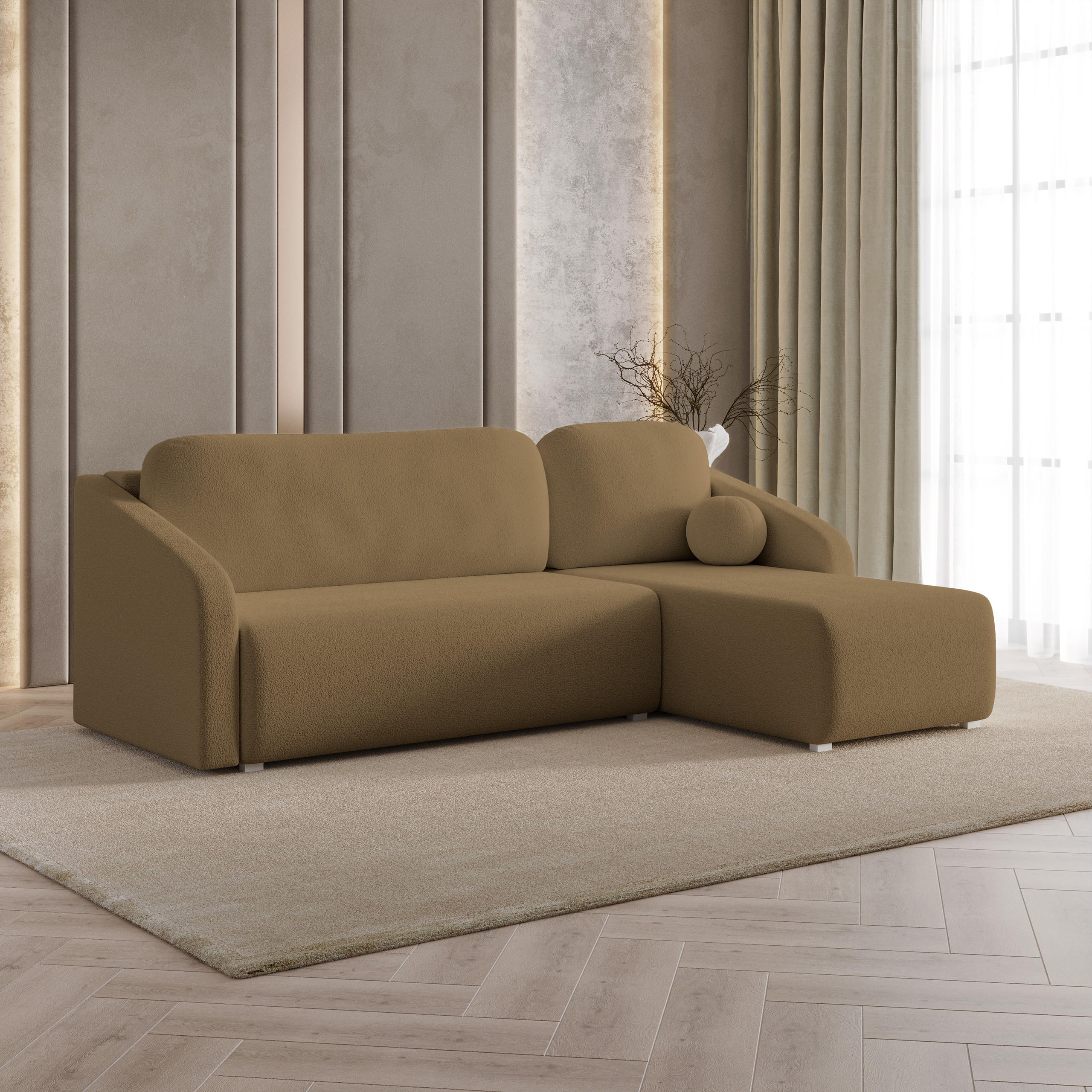 ECKSOFA MARELLO Orange Boucle-Stoff mit Schlaffunktion - Orange, Holz (220/143cm) - MASSENO