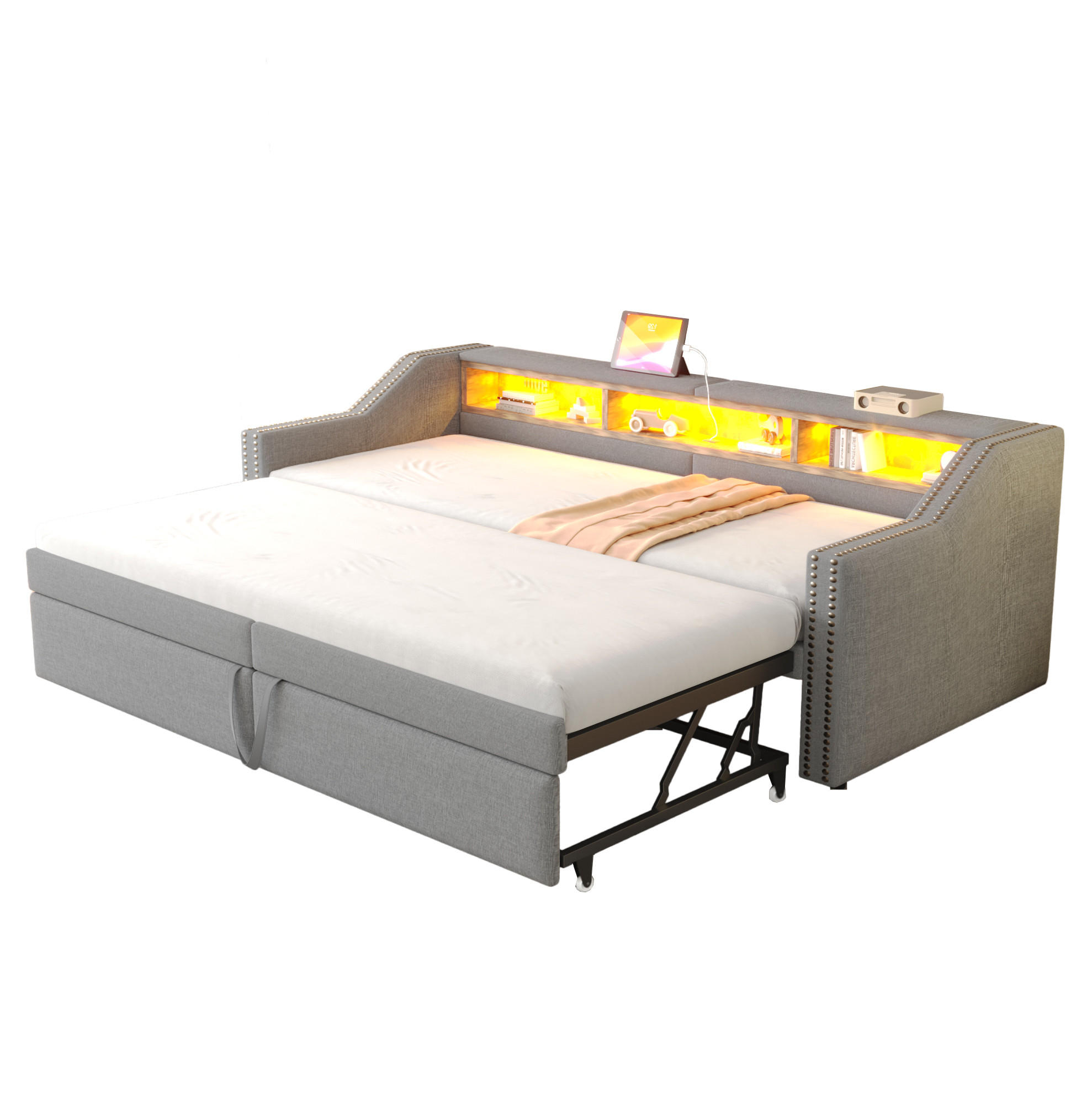 POLSTERBETT 90/180 x 200 cm Hellgrau mit LED-Beleuchtung und USB-Anschlüssen - Hellgrau, Textil (90/200cm) - Flora Grace