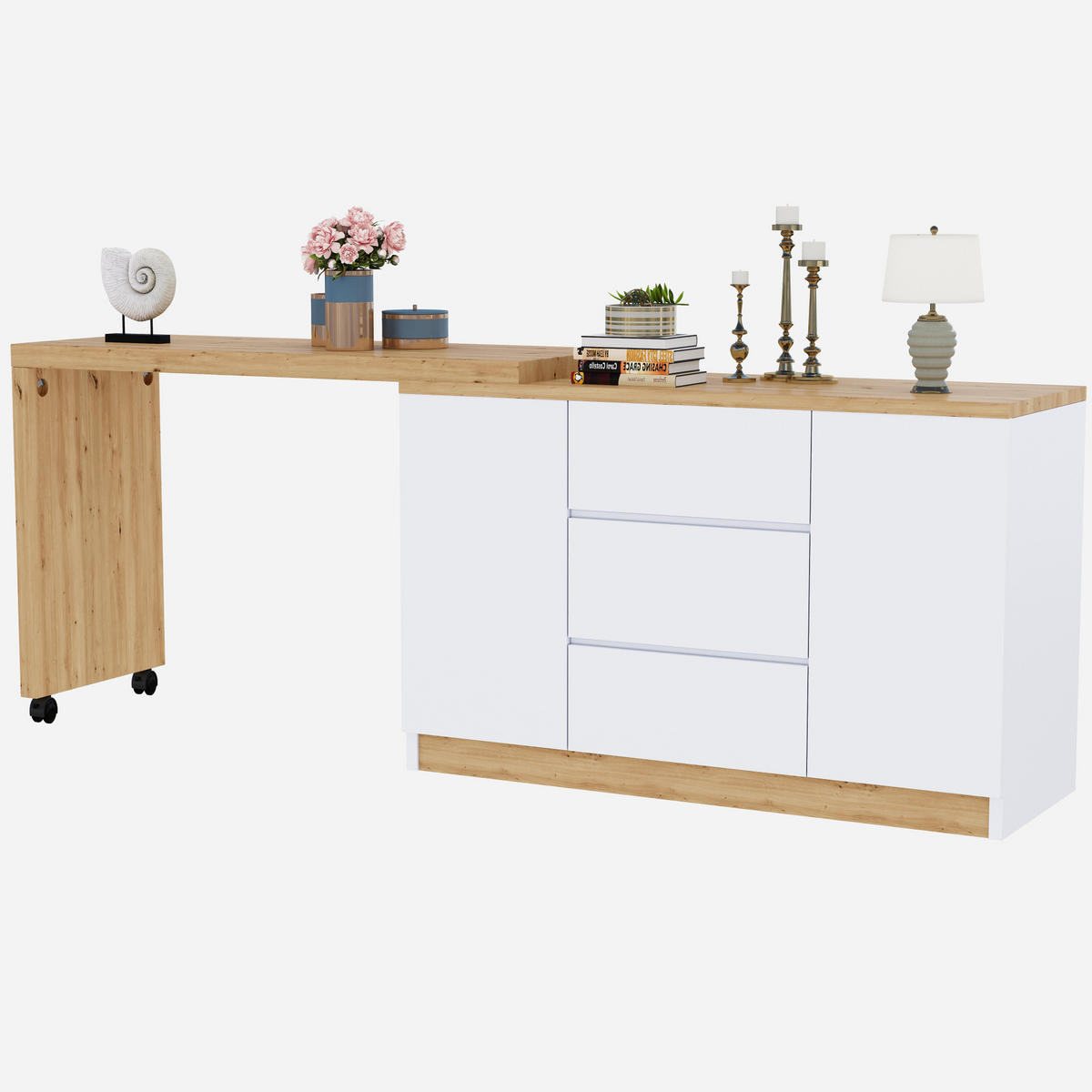 SCHREIBTISCH drehbar & klappbar 120 x 50 cm Weiß/Eiche mit Stauraum - Eichefarben, Holz (120/50/76.5cm) - Meubliv