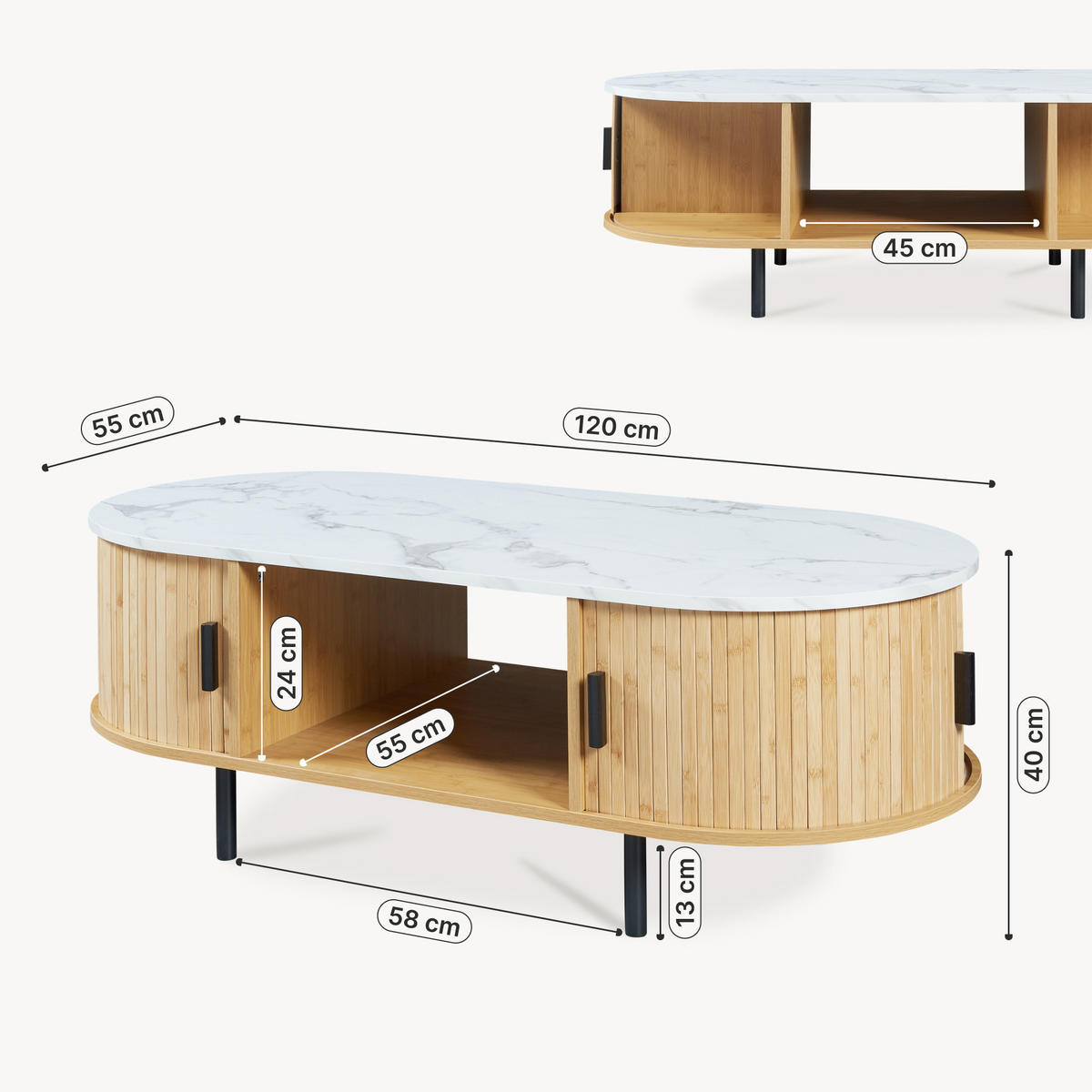 COUCHTISCH Tvedestrand 120/55/40 cm - Weiß/Naturfarben, Holzwerkstoff/Metall (55/120/40cm) - [en.casa]