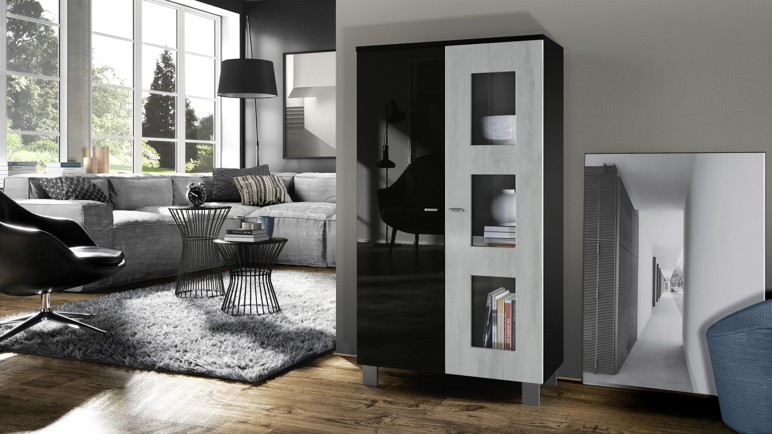 VITRINE Denjo Tür in Beton Oxid Optik - Hellgrau, Holzwerkstoff (71/129/35cm) - Vladon