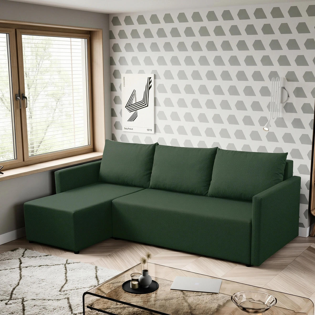 ECKSOFA Solid mit Schlaffunktion und Bettkasten - Dunkelgrün, Holz/Holzwerkstoff (217/138cm) - Ravio