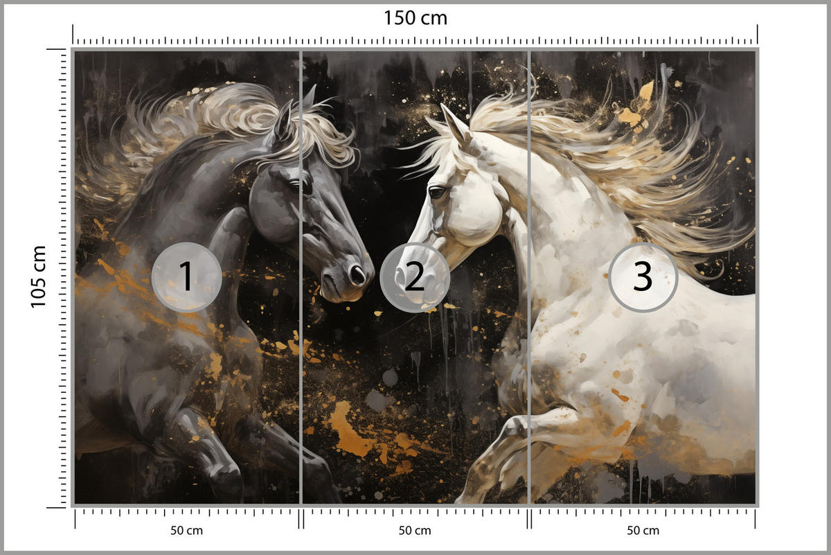 FOTOTAPETE für Büro Schwarz-Weiß Pferd Aquarell Goldakzente Eleganz 150x105 - Beige/Schwarz, Papier (150/105cm) - Muralo