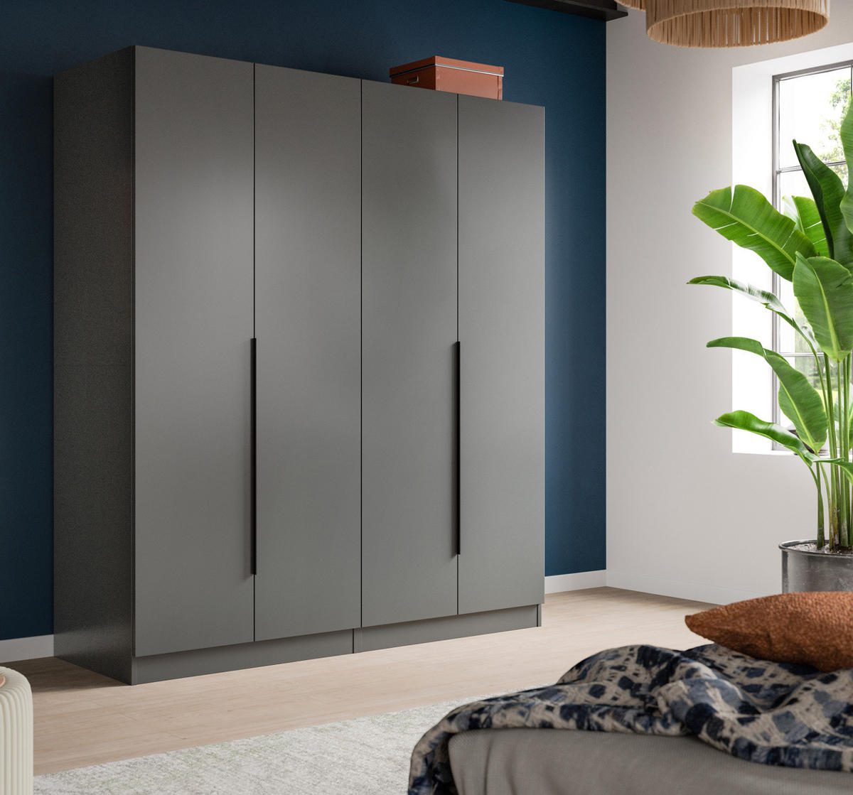 KLEIDERSCHRANK grau 4-türig 160 x 181 cm, Drehtürenschrank mit zusätzlichen Einlegeböden - Schwarz/Grau, Holzwerkstoff/Kunststoff (160/181/52cm) - Inn.Furn