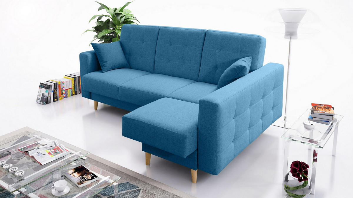 ECKSCHLAFSOFA HILTON Strukturstoff - Blau, Textil (225/158cm) - Robin