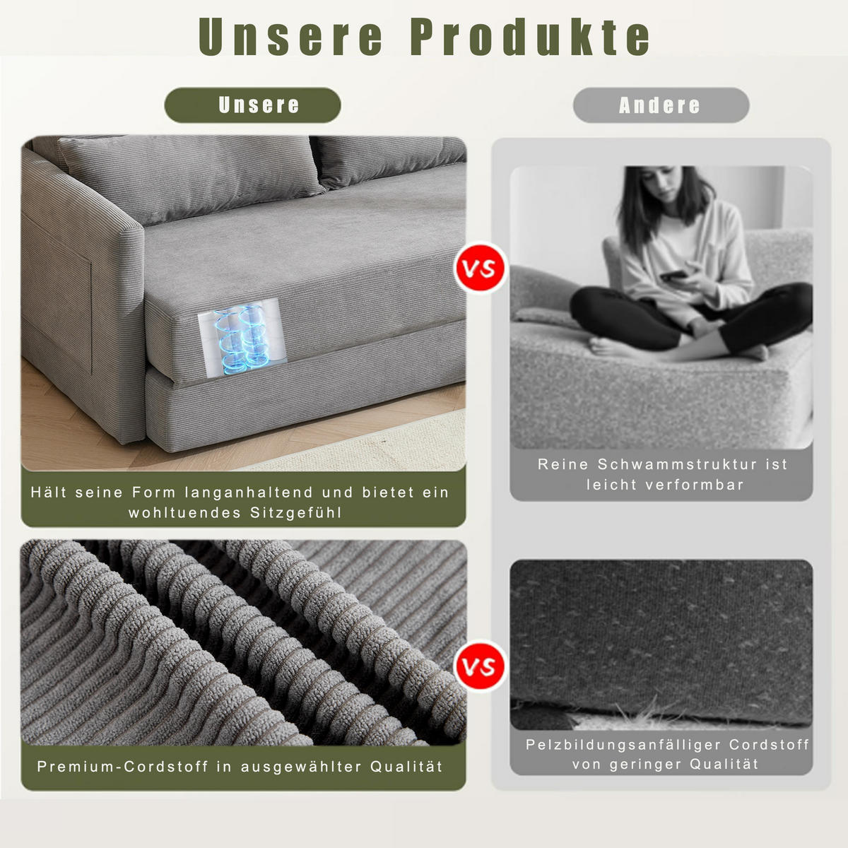 2-SITZER SOFABETT Cord Grau mit Kissen und Magazintaschen - Grau, Holzwerkstoff/Textil (165/67/212cm) - WISHDOR