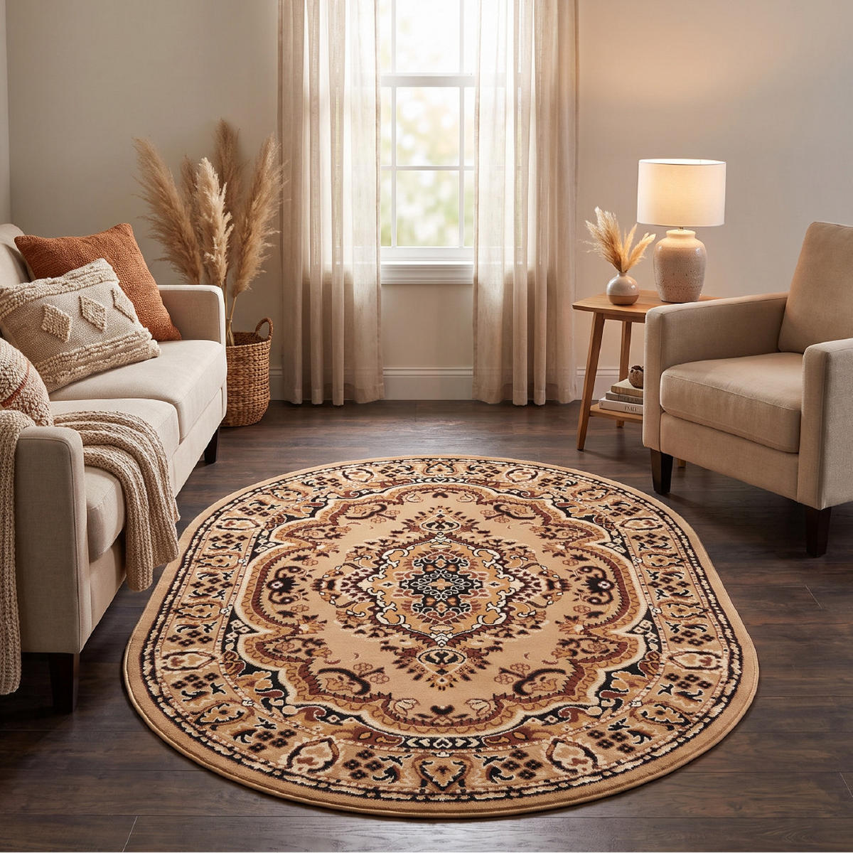 TEPPICH ATLAS oval beige medaillon 60/100 cm - Beige, Textil (60/100cm) - Tapiso