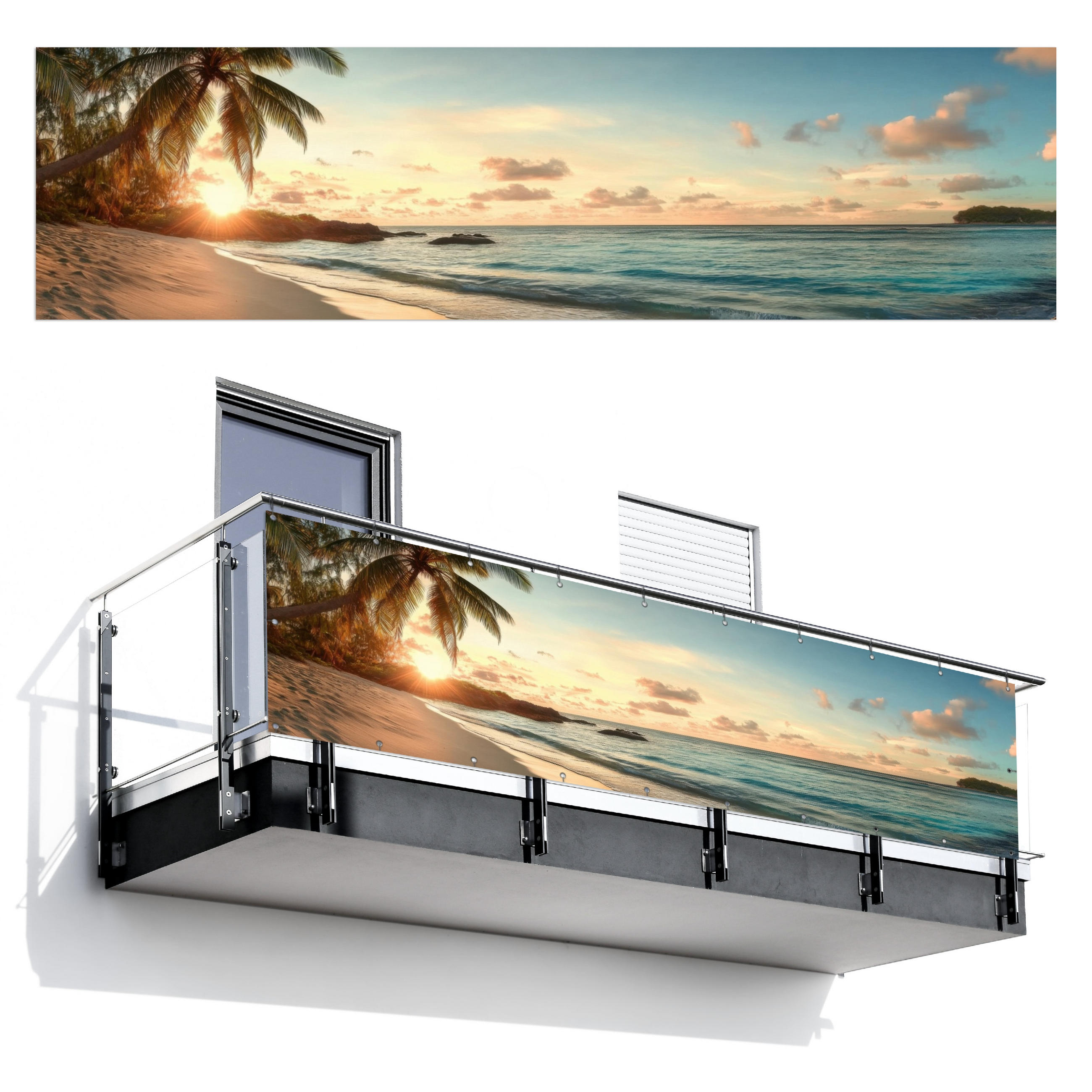 MuchoWow BALKONOVÁ ZÁSTĚNA Pláž - palmy - oceán - západ slunce 300x80 cm