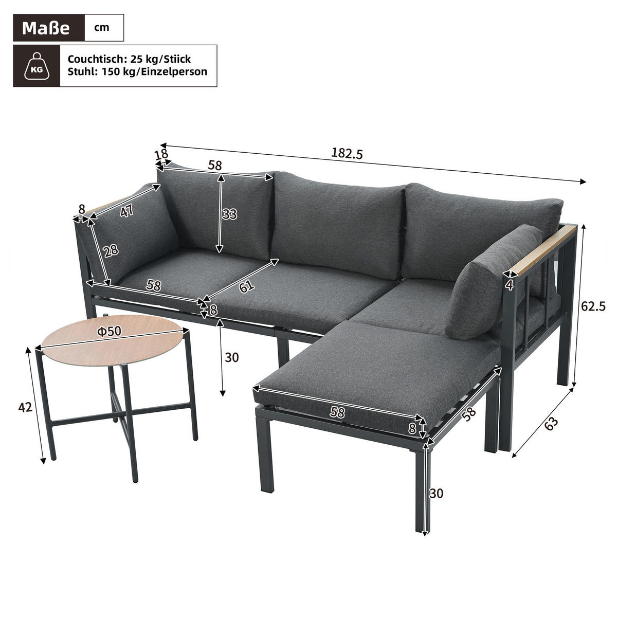 GARTENMÖBEL-SET 182/63/62 cm grau aus Polyester mit Couchtisch und Fußhocker - Grau, Textil - OKWISH