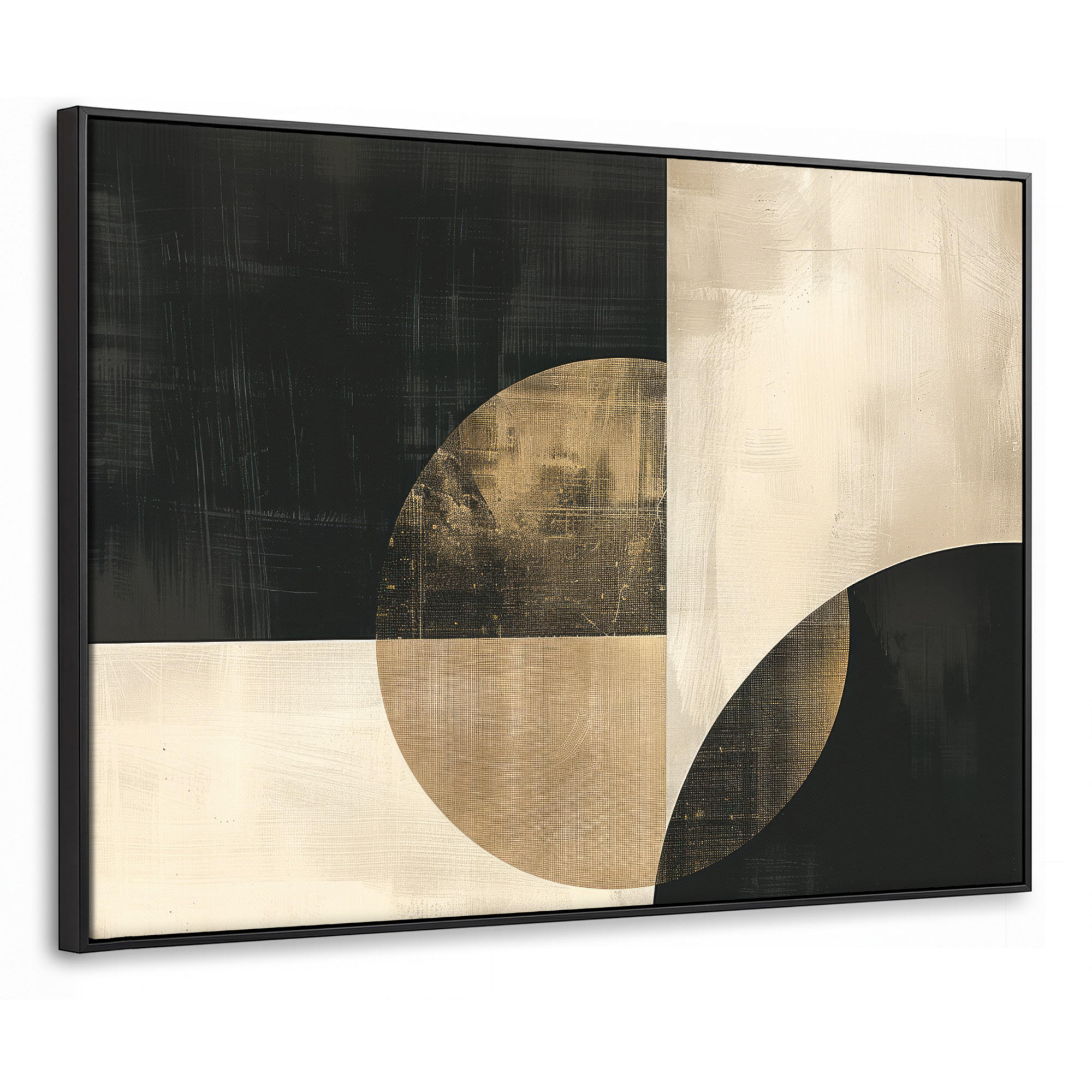 LEINWAND Bilder mit Rahmen - Abstrakt - Geometrische Formen - Schwarz - Gold - 70x50 - Ecru, Textil (70/50cm) - MuchoWow