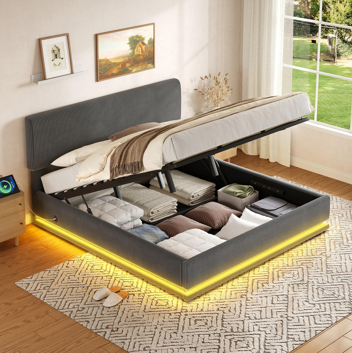 POLSTERBETT 160/200 cm mit LED-Beleuchtung, USB-C-Anschluss und Bettkasten, Dunkelgrau - Dunkelgrau, Textil (160/200cm) - Redom