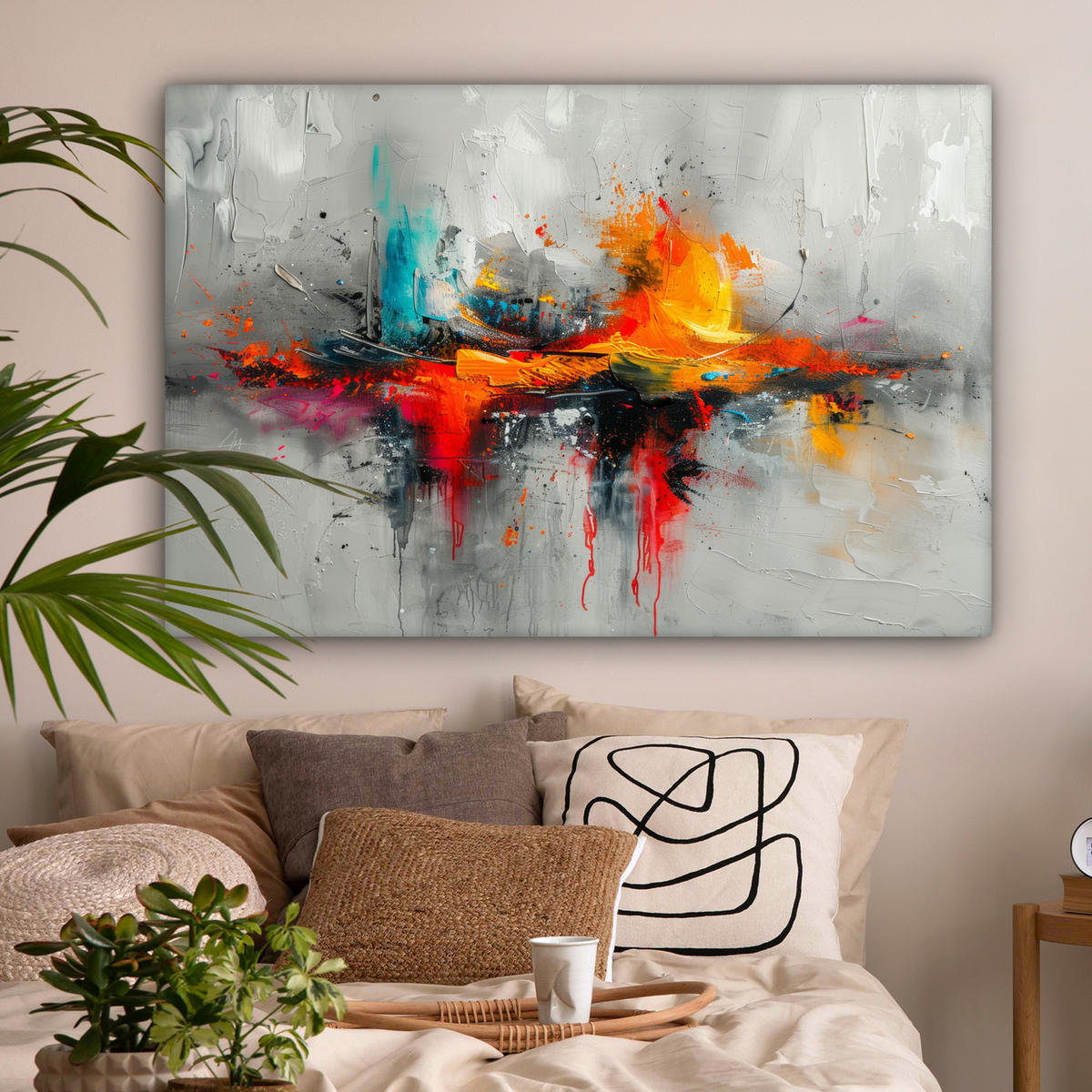 LEINWANDBILD Moderne Kunst - Orange - Grau - Abstrakt Wohnzimmer Groß 120x80 cm - Hellgrau, Textil (120/80cm) - MuchoWow