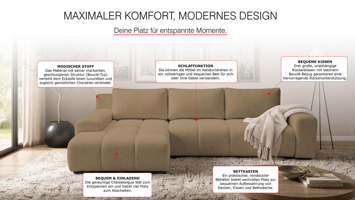 ECKSOFA Ovia mit Bettkasten und Schlaffunktion, Bouclé-Stoff in L-Form - Cappuccino, Textil (270/185cm)