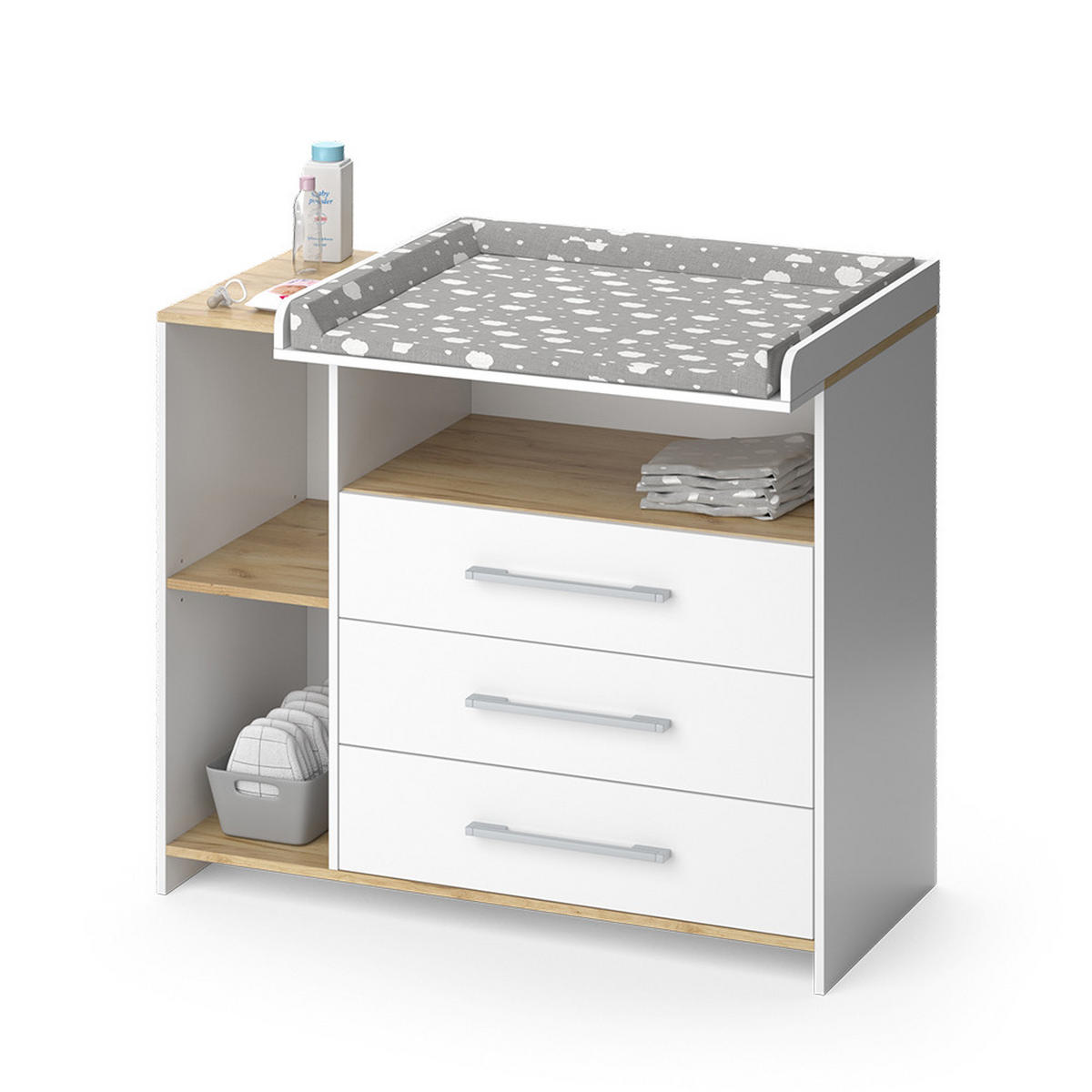 WICKELKOMMODE Oskar Weiß/Goldkraft Eiche 113 x 93 cm mit 3 Schubladen - Eiche Wotan/Weiß, Holzwerkstoff (113/93/53.1cm) - Vicco