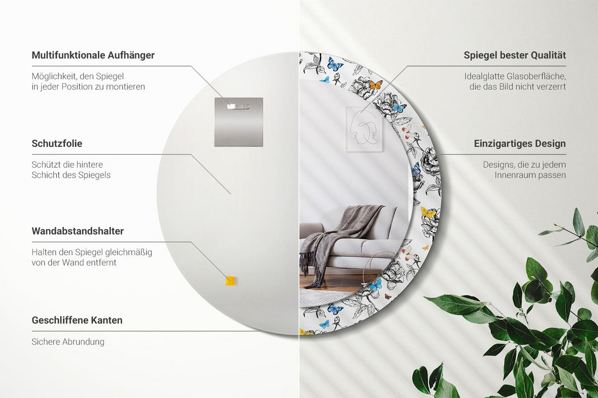 SPIEGEL Rund Ø 70 cm mit Aufdruck - Multicolor, Glas (70/70/0.4cm) - Wallfluent