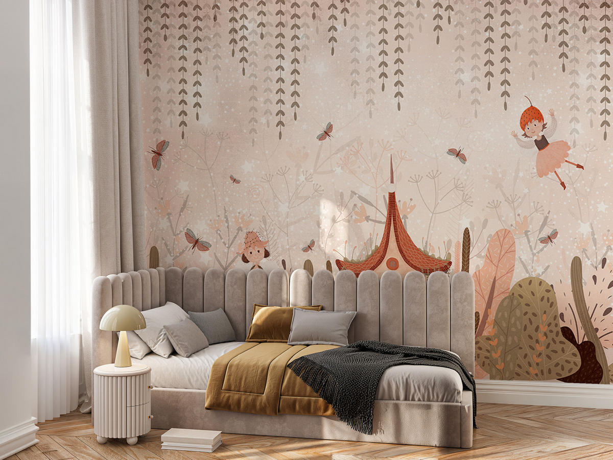 FOTOTAPETE für Kinderzimmer Feen Aquarell Wald Blumen Blätter Boho 150x105 - Beige/Orange, Papier (150/105cm) - Muralo