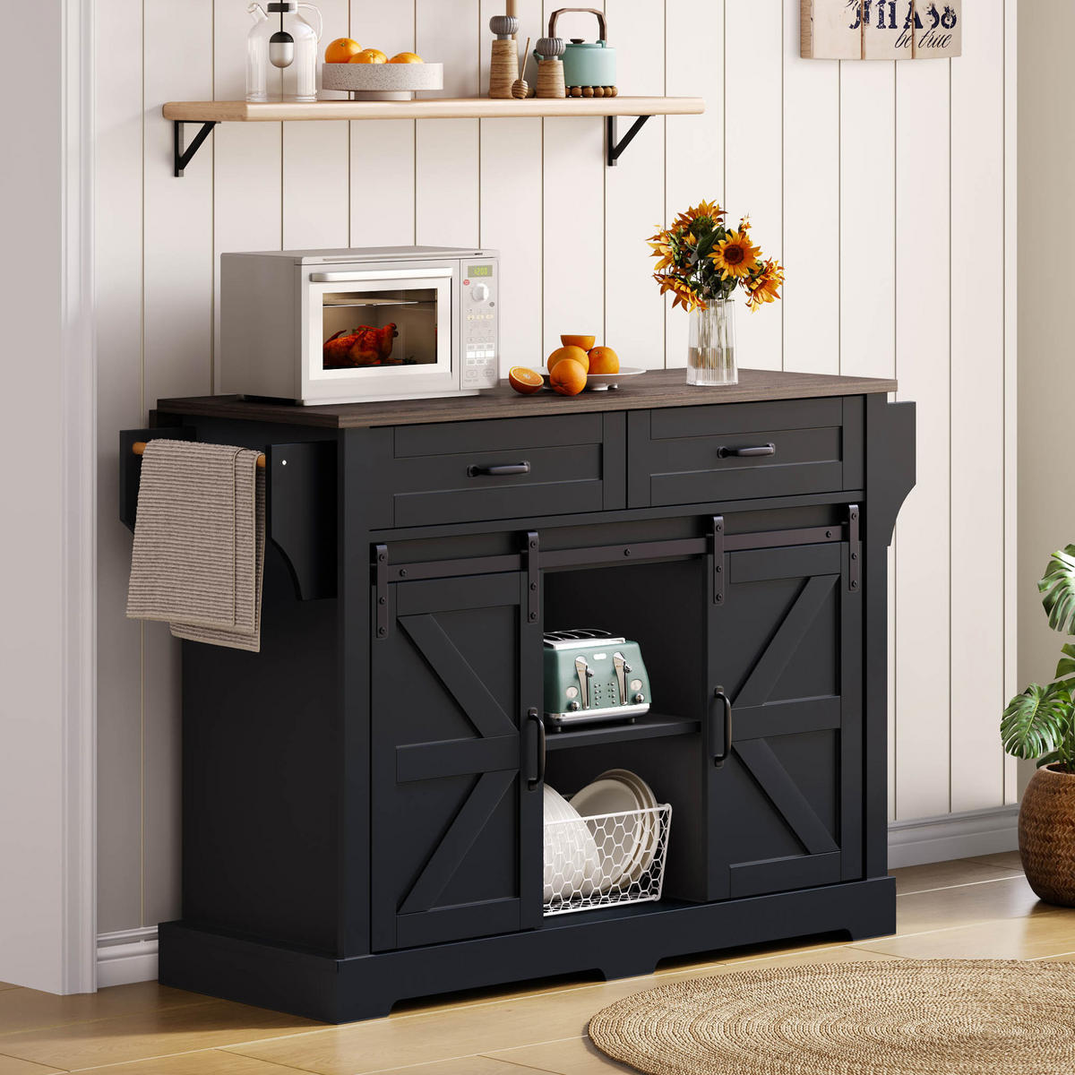 KÜCHENINSEL mit klappbarer Arbeitsplatte 120x45(70)x91 cm Schwarz - Schwarz, Holz (70/91/120cm) - Beauniv