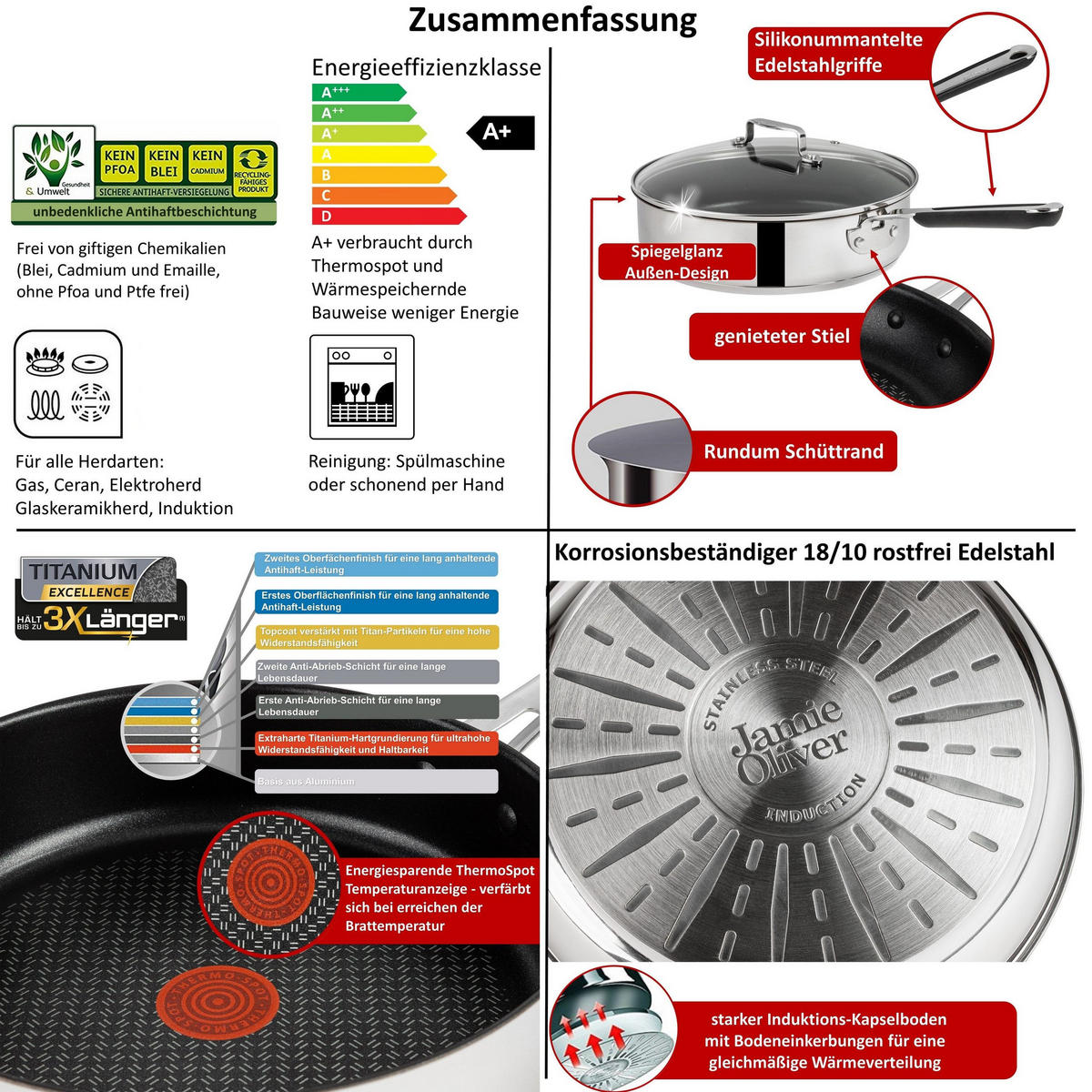 PFANNENSET E30 3Tlg Silber Schwarz Induktion Antihaft - Silberfarben/Schwarz, Metall - Tefal