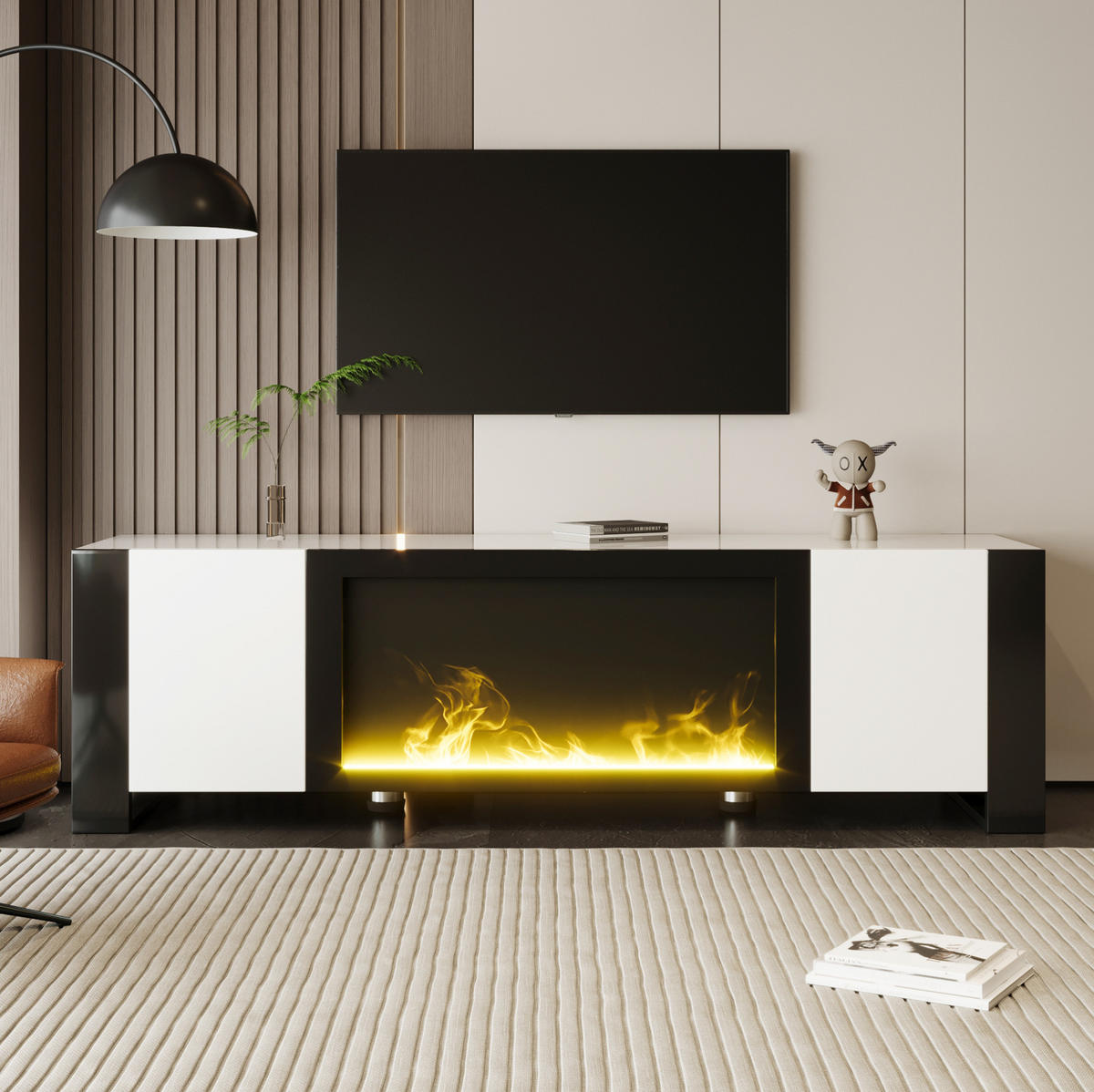TV-LOWBOARD aus Spanplatte 165x32x55 cm Weiß/Schwarz mit Elektrokamin und Stauraum - Schwarz, Holzwerkstoff (165/55/32cm) - IVMEU