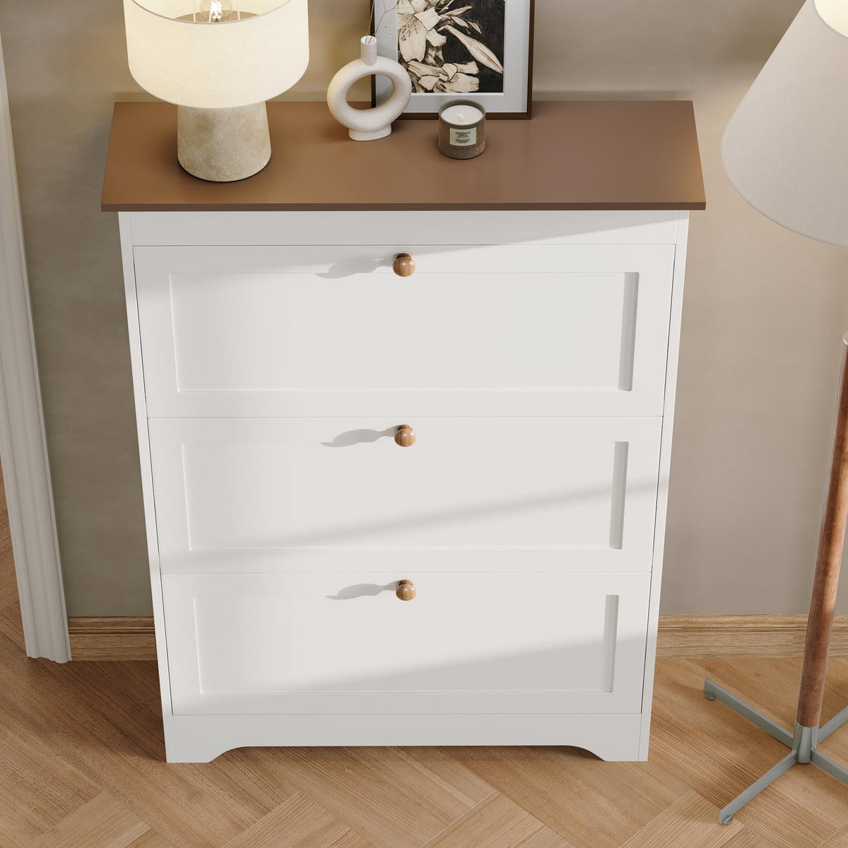SCHUHSCHRANK mit 3 Klappen und Ablagefläche mit Stauraum platzsparendes Design Weiß - Weiß, Holzwerkstoff/Metall (83/120/23.5cm) - EVRYAE
